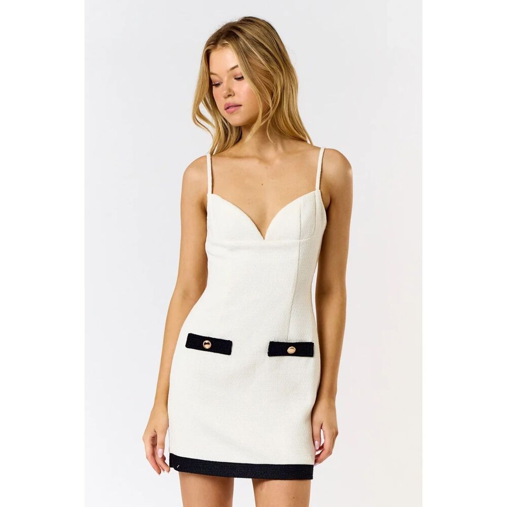 VICI Tweed Contrast Sleeveless Mini Dress Black White Gold Buttons Size Large